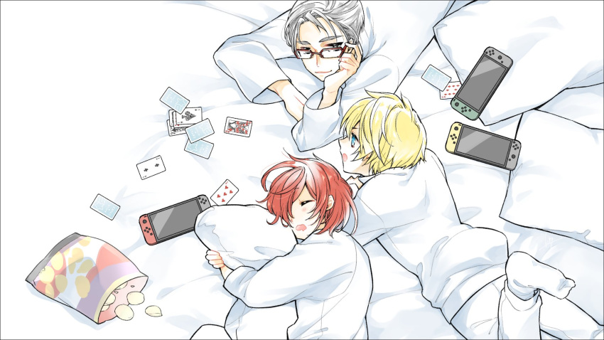 3boys arurandeisu bag_of_chips blonde_hair blue_eyes card chips closed_eyes controller eye_contact food foot_out_of_frame game_controller glass grey_eyes grey_hair hair_between_eyes hanasaki_miyabi hand_on_eyewear highres holostars kishido_temma leg_up long_sleeves looking_at_another lying male_focus multiple_boys object_hug on_bed on_side on_stomach open_mouth pants parted_lips pillow playing_card red-framed_eyewear red_hair shirt shixxxkia short_hair sleeping sleepover smile socks upper_body virtual_youtuber white_legwear white_pants white_shirt younger