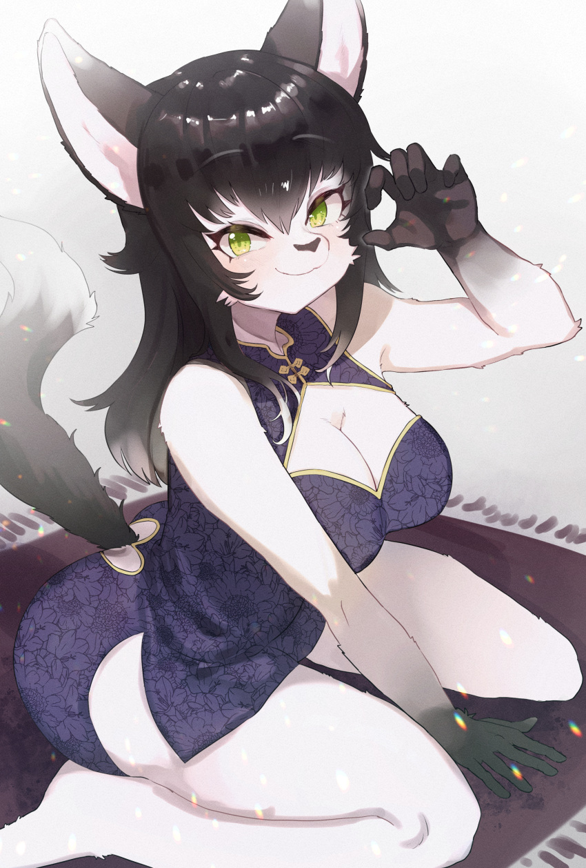 2022 5_fingers absurd_res anthro asian_clothing big_breasts black_body black_fur black_hair blush breasts chinese_clothing chinese_dress cleavage cleavage_cutout clothed clothing domestic_cat dress east_asian_clothing felid feline felis female fingers fur gloves_(marking) green_eyes hair hi_res kemono kneeling looking_at_viewer mammal markings multicolored_body multicolored_fur onikuman sitting smile smiling_at_viewer solo two_tone_body two_tone_fur wariza white_body white_fur