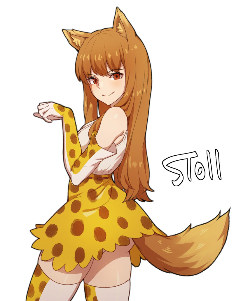 1girl animal_ear_fluff animal_ears artist_name ass bangs bare_shoulders commentary_request copyright_request cosplay cowboy_shot elbow_gloves eyebrows_visible_through_hair from_behind gloves high-waist_skirt highres holo kemono_friends korean_commentary long_hair looking_at_viewer looking_back paw_pose red_eyes serval_(kemono_friends) serval_(kemono_friends)_(cosplay) serval_print shirt signature simple_background skirt sleeveless sleeveless_shirt smile solo spice_and_wolf stoll_(tmxhf) tail thighhighs thighs very_long_hair white_background white_shirt wolf_ears wolf_girl wolf_tail yellow_skirt