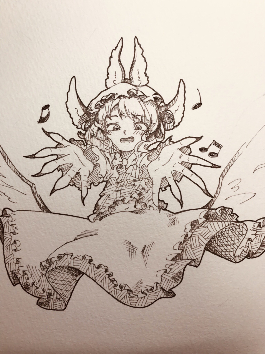 1girl anderson_m0311 animal_ears beamed_eighth_notes bird_ears bird_wings blush dress eighth_note eyebrows_visible_through_hair fingernails frilled_dress frilled_sleeves frills highres long_fingernails long_sleeves monochrome musical_note mystia_lorelei one-hour_drawing_challenge open_mouth quarter_note sharp_fingernails short_hair smile solo touhou traditional_media winged_hat wings