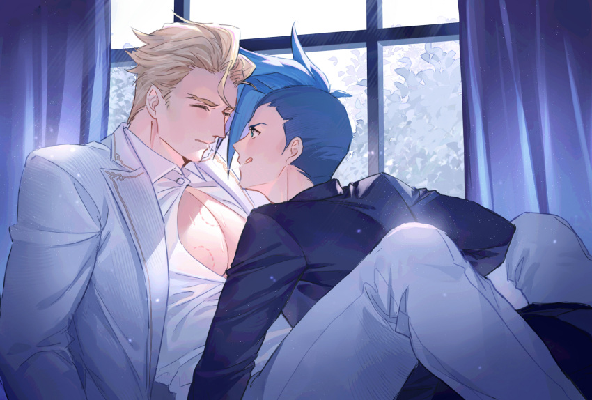 2boys bara bite_mark black_jacket black_suit blonde_hair blue_hair closed_eyes closed_mouth collared_shirt formal galo_thymos highres indoors jacket kray_foresight lalatia-meai large_pectorals licking_lips looking_at_another male_focus multiple_boys muscular muscular_male open_clothes open_jacket pants partially_unbuttoned pectorals promare shirt short_hair suit tongue tongue_out white_jacket white_pants white_shirt white_suit window yaoi