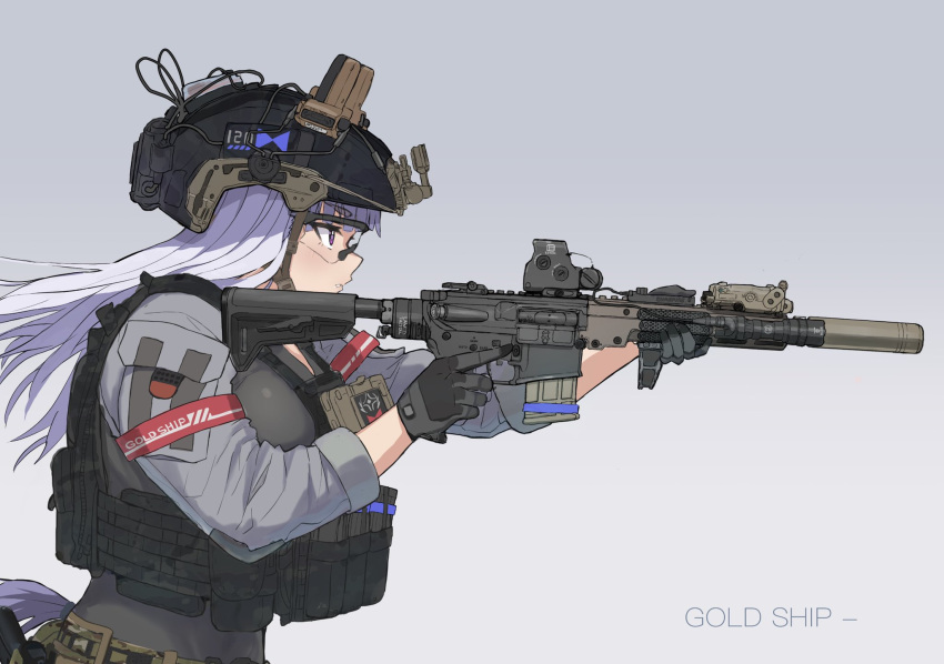 1girl assault_rifle bangs blunt_bangs eotech gold_ship_(umamusume) gun helmet highres horse_girl horse_tail laser_sight load_bearing_vest long_hair m4_carbine magazine_(weapon) military_helmet military_operator mordeth rifle suppressor tactical_clothes tail umamusume vertical_foregrip weapon