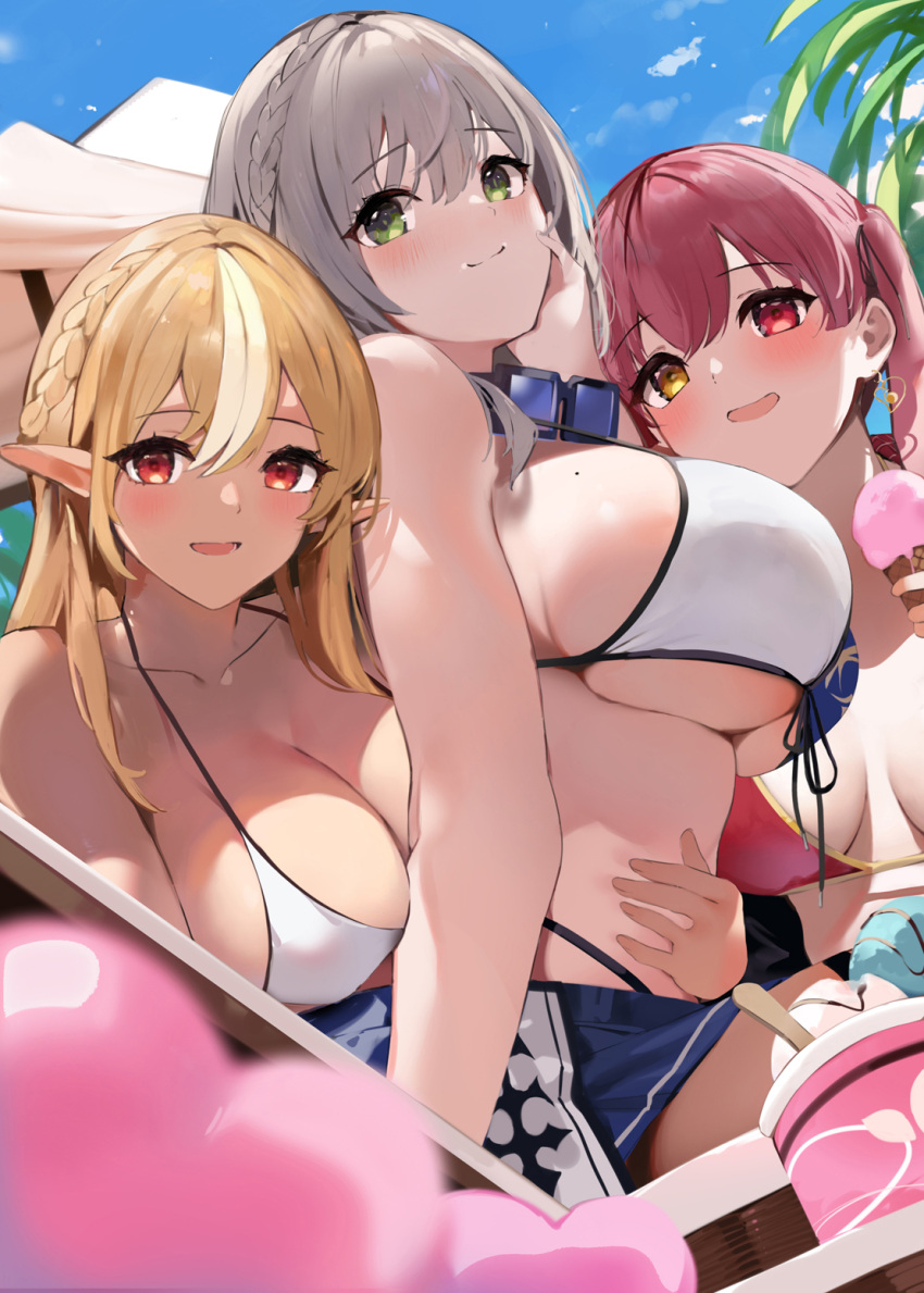 3girls :d bikini blonde_hair blue_sky blurry blush breasts closed_mouth dark-skinned_female dark_skin depth_of_field eyebrows_visible_through_hair eyewear_around_neck food green_eyes grey_hair hand_on_another's_stomach hand_on_own_cheek hand_on_own_face heterochromia highres hololive houshou_marine ice_cream ice_cream_cup large_breasts long_hair looking_at_viewer mole mole_on_breast multicolored_hair multiple_girls niii_(memstapak) open_mouth orange_eyes red_eyes red_hair shiranui_flare shirogane_noel short_hair sky smile strap_gap streaked_hair swimsuit symbol-only_commentary twintails underboob virtual_youtuber white_hair