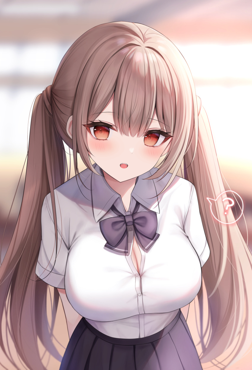 1girl ? absurdres arms_behind_back bangs blurry blurry_background blush bow bowtie breasts brown_hair cleavage collared_shirt commentary eyebrows_visible_through_hair highres komari_mhy large_breasts long_hair looking_at_viewer open_mouth orange_eyes original pleated_skirt school_uniform shirt shirt_tucked_in short_sleeves sidelocks skirt solo spoken_question_mark taut_clothes taut_shirt teeth twintails white_shirt