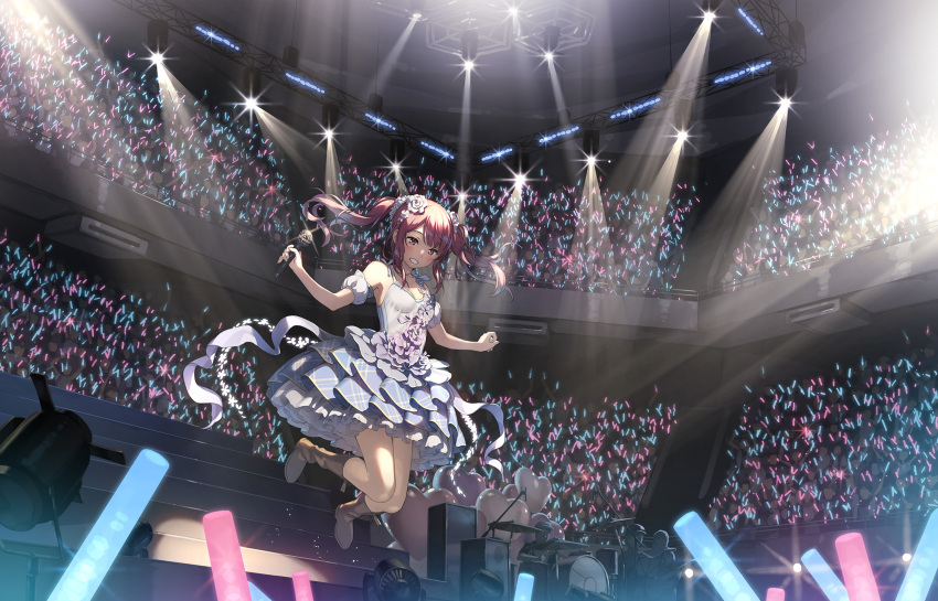 1girl bare_arms blue_dress boots breasts commentary concert detached_sleeves dress glowstick highres holding holding_microphone indoors jumping kantoku kurumi_(kantoku) long_hair medium_breasts microphone original parted_lips pink_eyes pink_hair puffy_detached_sleeves puffy_short_sleeves puffy_sleeves short_sleeves smile solo_focus spotlight twintails