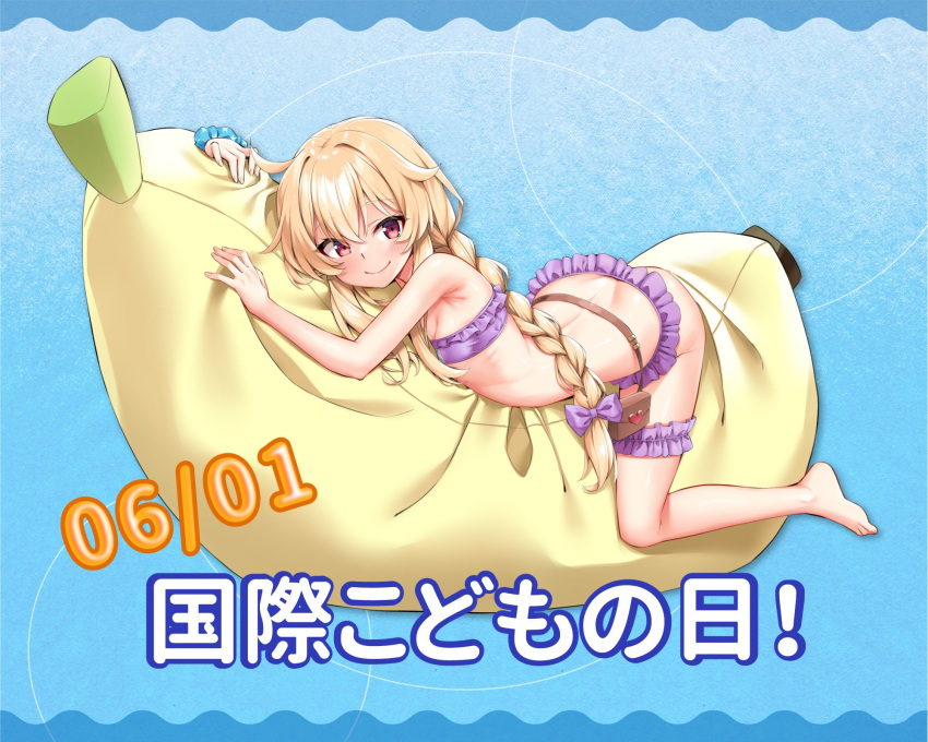 1girl ahoge banana_boat bikini blonde_hair bow braid breasts children's_day dated frilled_bikini frills hair_bow highres leg_garter little_witch_nobeta long_hair nobeta official_alternate_costume official_art pouch red_eyes small_breasts smile swimsuit water