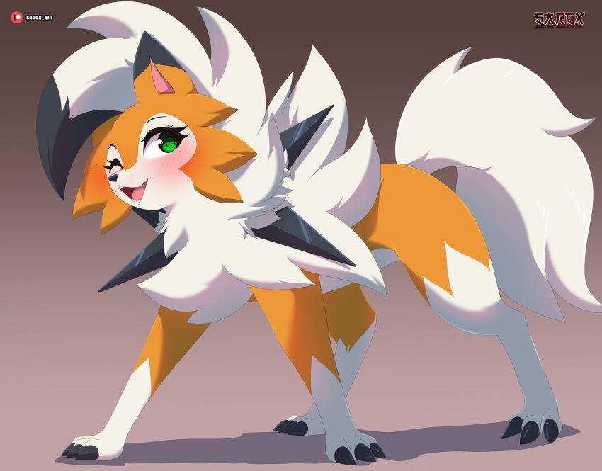 absurd_res ambiguous_gender blush canid canine dusk_lycanroc feral fur gradient_background green_eyes hi_res lycanroc mammal nintendo one_eye_closed open_mouth open_smile orange_body orange_fur pok&eacute;mon pok&eacute;mon_(species) sarox simple_background smile solo video_games white_body white_fur wink