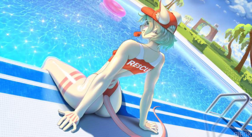 anthro breasts clothing girok hat headgear headwear invalid_tag looking_at_viewer male mammal mouse murid murine poolside rodent sitting small_breasts solo solo_focus swimming_pool swimwear wet whistle white_body wide_hips