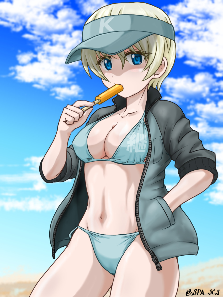 adapted_costume bikini blonde_hair blue_bikini blue_eyes blue_headwear breasts cleavage collarbone commentary emblem food food_in_mouth girls_und_panzer hand_in_pocket highres holding holding_food ice_cream jacket keizoku_(emblem) large_breasts looking_at_viewer navel nspa_(spa-jcs) open_clothes open_jacket short_hair swimsuit track_jacket twitter_username visor_cap youko_(girls_und_panzer) zipper