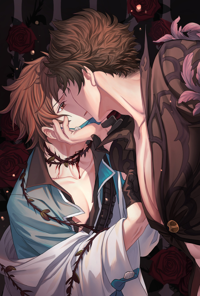 2boys bangs belial_(granblue_fantasy) black_hair black_jacket blue_shirt brown_eyes brown_hair doctor doctor_(granblue_fantasy) face_grab feather_boa flower gran_(granblue_fantasy) granblue_fantasy hand_on_another's_face highres incoming_kiss jacket labcoat lalatia-meai large_pectorals looking_at_another male_focus mask mask_pull mouth_mask multiple_boys muscular muscular_male off_shoulder pectorals red_flower red_rose revealing_clothes rose shirt short_hair thorns yaoi