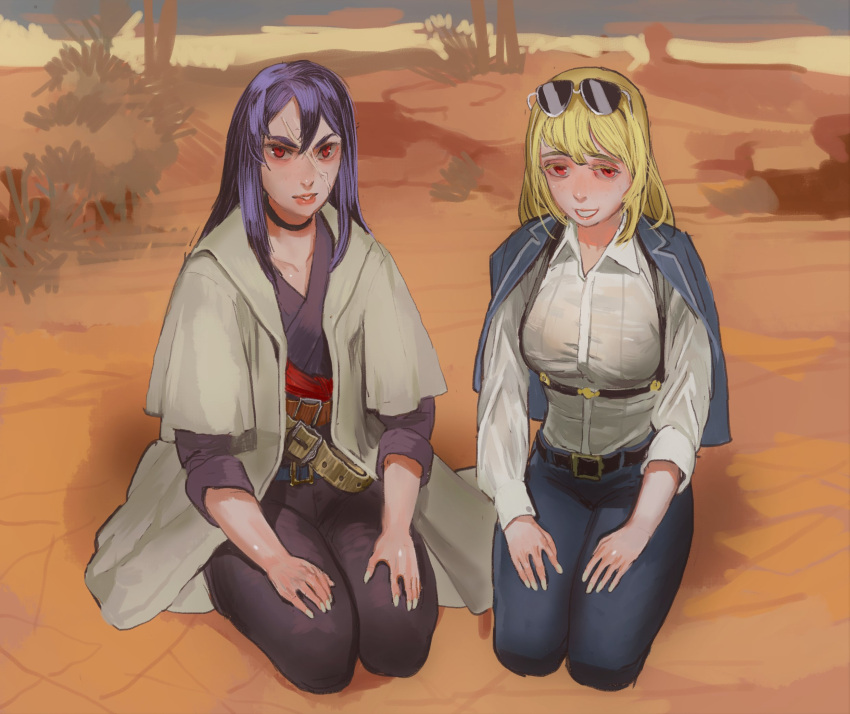 2girls belt black_choker blonde_hair choker collared_shirt commission highres jacket jacket_on_shoulders looking_at_viewer mossacannibalis multiple_girls original outdoors purple_hair red_eyes scar scar_on_face seiza shirt sitting smile sunglasses white_shirt wing_collar