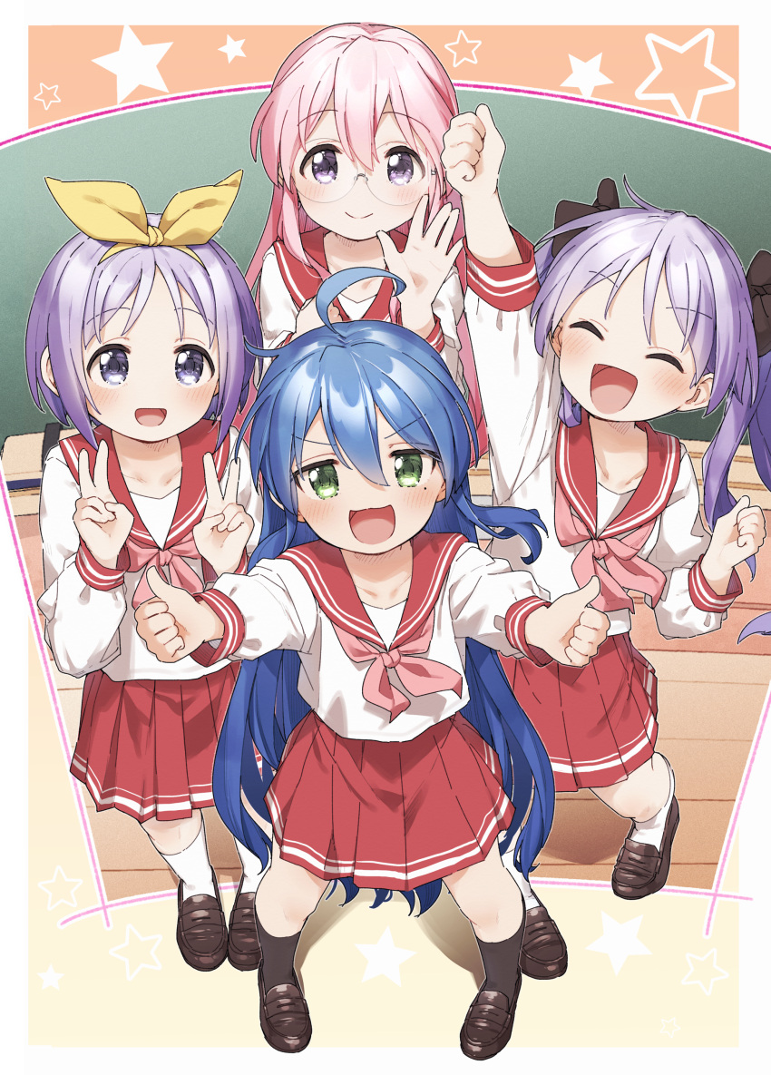 4girls :d ^_^ absurdres ahoge arm_up bangs black_bow black_legwear blue_eyes blue_hair blush bow brown_footwear closed_eyes collarbone commentary_request double_v eyebrows_visible_through_hair facing_viewer glasses green_eyes hair_between_eyes hair_bow hair_ribbon highres hiiragi_kagami hiiragi_tsukasa izumi_konata kneehighs loafers long_hair long_sleeves looking_at_viewer lucky_star multiple_girls neckerchief pink_hair pink_neckerchief pleated_skirt purple_eyes purple_hair red_sailor_collar red_skirt ribbon ryouou_school_uniform sailor_collar school_uniform serafuku shirt shoes skirt smile standing star_(symbol) takara_miyuki twintails v v-shaped_eyebrows very_long_hair white_legwear white_shirt wooden_floor yellow_ribbon yukie_(kusaka_shi)