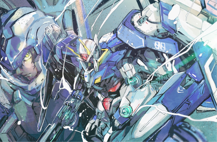 00_gundam 00_raiser 1boy aqua_eyes bangs black_hair blue_headwear commentary gn_drive gundam gundam_00 helmet highres holding holding_weapon kare_(0621utak) looking_at_viewer looking_to_the_side male_focus mecha mobile_suit pilot_suit science_fiction setsuna_f._seiei shield upper_body v-fin weapon yellow_eyes