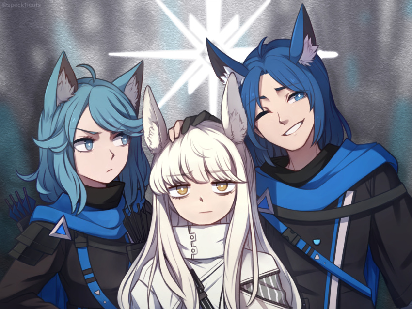 &gt;:( 1boy 2girls ahoge animal_ears arknights arrow_(projectile) bangs black_jacket blue_eyes blue_hair blue_scarf cat_ears commentary english_commentary eyebrows_visible_through_hair grin high_collar horse_ears jacket long_hair looking_at_another looking_at_viewer monique_(arknights) multiple_girls one_eye_closed platinum_(arknights) roy_(arknights) scarf smile speckticuls v-shaped_eyebrows white_jacket