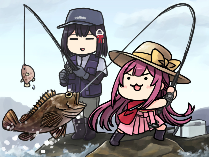 2girls alternate_costume black_gloves black_hair black_vest blue_sky chibi cloud commentary_request day fish fishing gloves haguro_(kancolle) hair_ornament hakama hat japanese_clothes kamikaze_(kancolle) kantai_collection kimono meiji_schoolgirl_uniform multiple_girls outdoors pink_hakama purple_hair red_kimono short_hair sky sun_hat tomoyo_kai vest