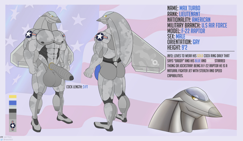 absurd_res accessory air_force aircraft anthro balls big_balls big_bulge big_muscles big_penis blue_clothing blue_jockstrap blue_underwear bulge camo clothing cock_ring cockpit color_swatch digital_media_(artwork) english_text fist foreskin genitals grey_body hano101 headshot_portrait hi_res huge_balls huge_bulge huge_penis jewelry jockstrap living_aircraft living_machine living_vehicle looking_away machine male max_turbo_(domizoni) model_sheet muscular muscular_male nude penis penis_accessory penis_jewelry portrait smile solo stars_and_stripes text u.s._air_force underwear united_states_of_america vehicle wings yellow_eyes