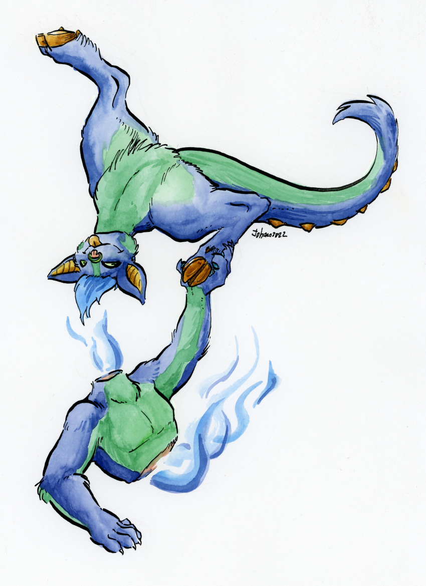 2022 absurd_res anthro blue_body blue_fire blue_fur cervelet chimera cloven_hooves colored_fire countershading detachable dullahan fire fur halfcut happy hearth_taxel hi_res hooves male modular pose signature solo spiked_tail spikes spikes_(anatomy) tan_body tan_countershading tongue tongue_out traditional_media_(artwork) upside_down