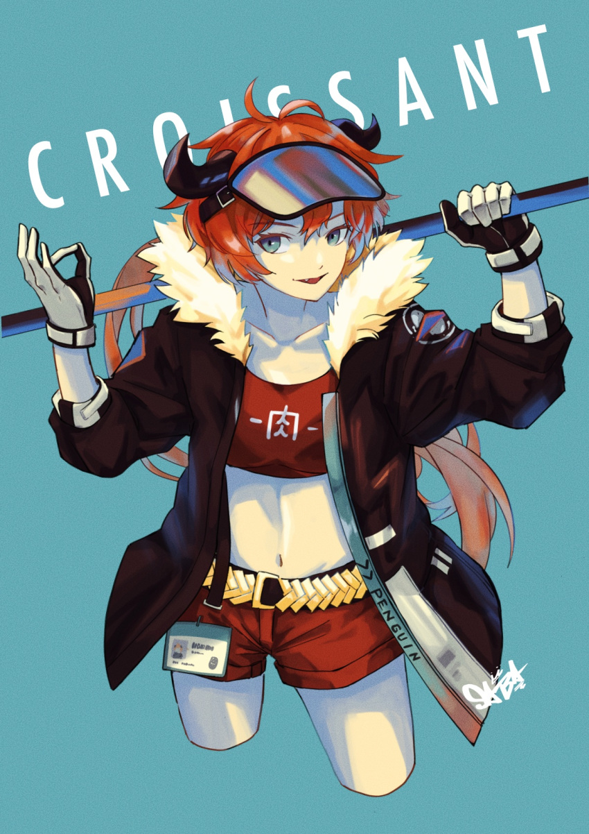 1girl ahoge arknights arms_up bangs black_gloves blue_background blue_eyes bomber_jacket breasts brown_jacket buckle character_name collarbone commentary cow_girl cow_horns cowboy_shot croissant_(arknights) crop_top eyebrows_visible_through_hair fur_collar gloves gold_belt hair_between_eyes hands_up highres holding holding_weapon horns id_card jacket looking_at_viewer midriff money_gesture navel neck open_clothes open_jacket orange_hair orange_shirt orange_shorts outstretched_arms over_shoulder pale_skin pants parted_lips penguin_logistics_logo peppsi_(saba_sabasuk0) red_hair shirt short_hair_with_long_locks short_shorts shorts signature small_breasts standing stomach visor_cap weapon weapon_over_shoulder white_gloves