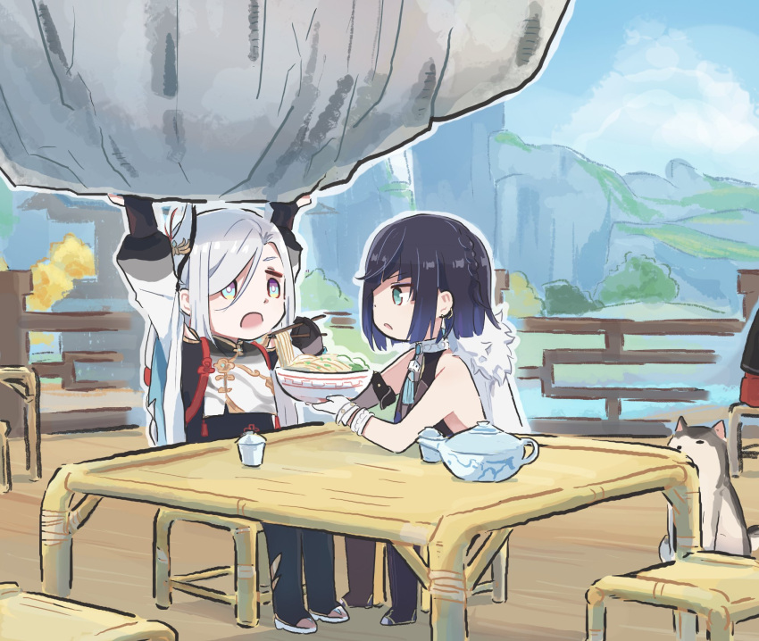 2girls aqua_eyes asymmetrical_gloves bare_shoulders black_bodysuit black_gloves black_hair black_legwear blue_eyes blue_sky bob_cut bodysuit chinese_clothes chopsticks cup dog feeding food genshin_impact gloves hair_ornament highres lifting mountainous_horizon multiple_girls noodles open_mouth shenhe_(genshin_impact) sitting sky tassel teacup teapot white_gloves white_hair xinzoruo yelan_(genshin_impact)