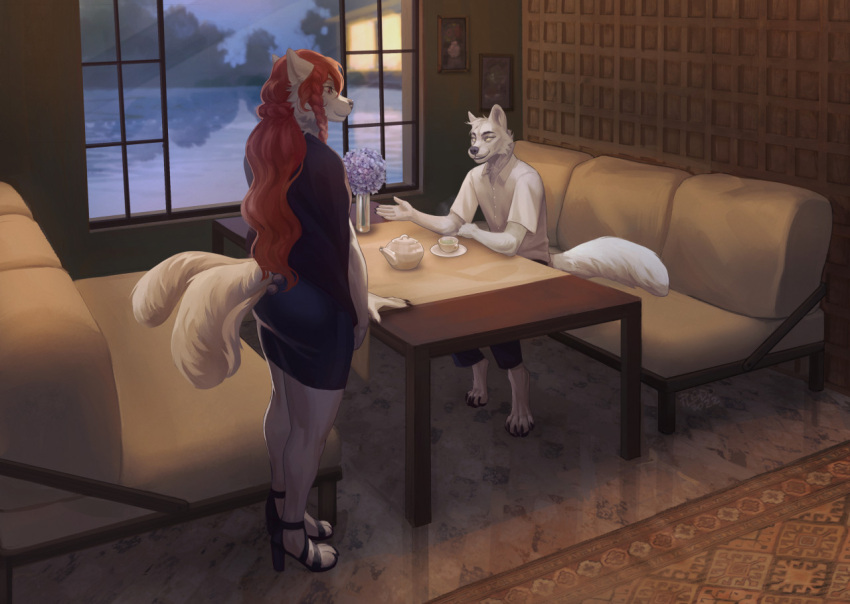 2022 4_toes 5_fingers anthro braided_hair canid canine clothed clothing detailed_background digital_media_(artwork) duo feet female fingers fur hair male mammal plgdd sitting smile standing toes white_body white_fur