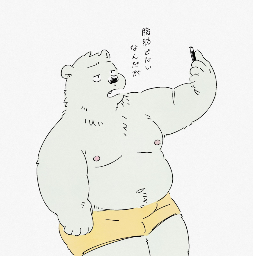 2022 anthro belly big_belly clothing hi_res japanese_text kemono male mammal moobs nipples overweight overweight_male pommn_mn simple_background solo text underwear ursid