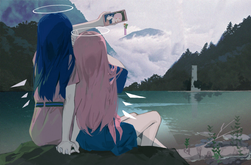 2girls :&gt; arknights blue_dress cellphone closed_eyes detached_wings dress energy_wings forest from_behind halo hand_up highres holding holding_hands holding_phone interlocked_fingers kuangbaodunliangzuzhang lemuen_(arknights) lighthouse mostima_(arknights) mountain multiple_girls nature no_horns open_mouth outdoors phone pink_dress pink_hair plant selfie sitting smartphone water wings yuri