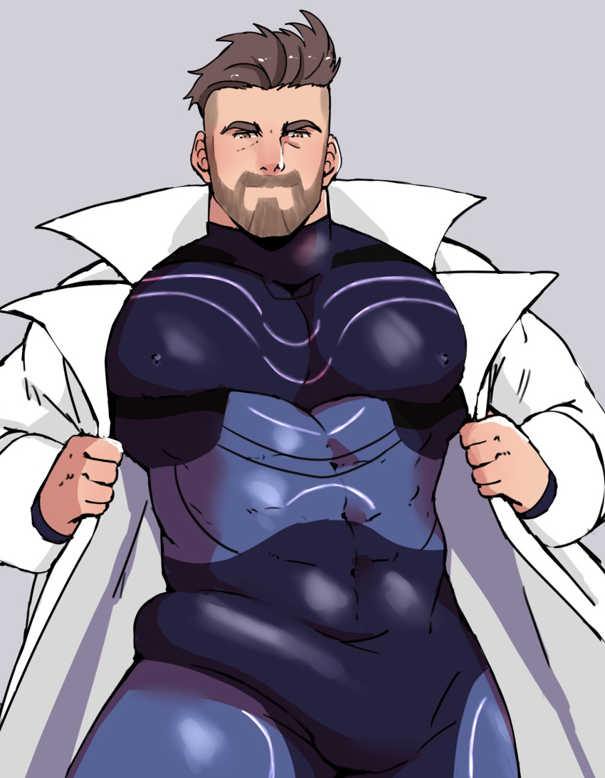 1boy bara black_bodysuit bodysuit bulge covered_nipples erection erection_under_clothes facial_hair highres labcoat large_pectorals looking_at_viewer male_focus manly muscular muscular_male open_labcoat pectorals pokemon pokemon_(game) pokemon_sv purple_bodysuit short_hair solo turo_(pokemon) two-tone_bodysuit undercut upper_body wickedsturdy