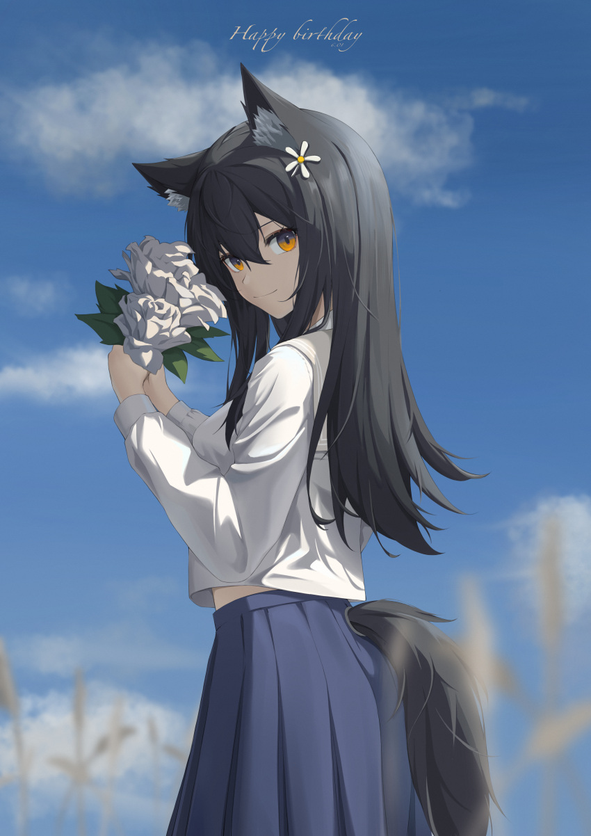 1girl absurdres alternate_costume animal_ears arknights black_hair blue_skirt blue_sky cloud cloudy_sky cowboy_shot flower from_behind gaoqiaoyuyin_takahashi hair_between_eyes hair_flower hair_ornament hands_up happy_birthday highres holding holding_flower long_sleeves looking_at_viewer looking_back outdoors pleated_skirt shirt skirt sky smile solo tail tail_through_clothes texas_(arknights) white_flower white_shirt wolf_ears wolf_girl wolf_tail yellow_eyes