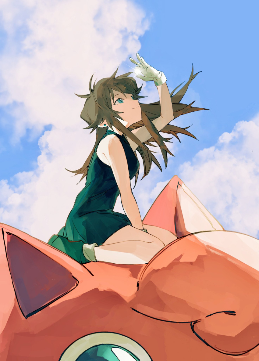 1girl bangs bare_arms between_legs black_dress blue_eyes boots brown_hair closed_mouth cloud commentary_request day dress earrings eyelashes gloves green_(pokemon) hand_between_legs highres jewelry jigglypuff long_hair outdoors pokemon pokemon_(creature) pokemon_adventures riding riding_pokemon sakanobo_(sushi1021) short_dress sky smile white_gloves