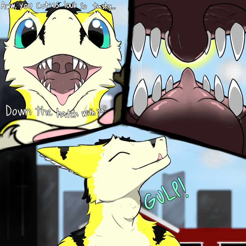 1:1 anthro black_stripes carbonicedragon city dialogue english_text first_person_view group hi_res inside_mouth macro macro_pred mouth_shot open_mouth sergal stripes swallowing talking_to_viewer text vore yellow_body