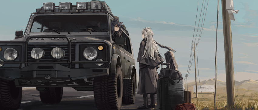 2girls absurdres animal_ears arknights bag black_hair blue_sky car driving grass ground_vehicle highres land_rover lappland_(arknights) long_hair looking_at_another luggage motor_vehicle multiple_girls onebon outdoors power_lines road scenery sky sports_utility_vehicle standing texas_(arknights) utility_pole white_hair wolf_ears