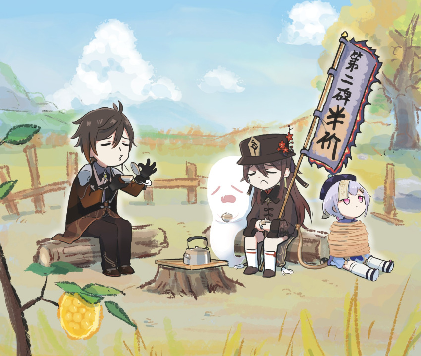 1boy 2girls blowing_on_food blue_sky bound brown_footwear brown_hair brown_pants brown_shirt chibi chinese_clothes chinese_text closed_eyes cloud cloudy_sky cup genshin_impact ghost highres holding holding_cup hu_tao_(genshin_impact) kettle kneehighs log looking_afar mountainous_horizon multiple_girls outdoors pants pink_eyes qiqi_(genshin_impact) sad shirt short_hair sidelocks sitting sky teacup teapot thighhighs tree_stump twintails white_legwear xinzoruo zhongli_(genshin_impact)