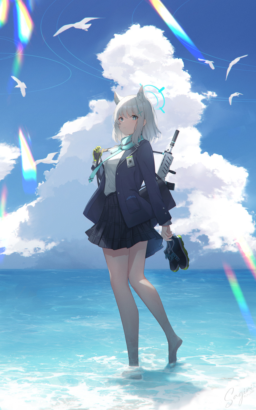 1girl absurdres animal_ear_fluff assault_rifle bag bare_legs barefoot beach blue_archive blue_eyes blue_scarf cloud cross_hair_ornament gloves grey_hair gun hair_ornament halo highres holding holding_shoes long_sleeves looking_at_viewer mismatched_pupils ocean plaid plaid_skirt pleated_skirt rifle sagiri_(ulpha220) scarf school_bag school_uniform shiroko_(blue_archive) shoes shoes_removed sig_sauer_556 signature single_glove skirt sky solo summer weapon