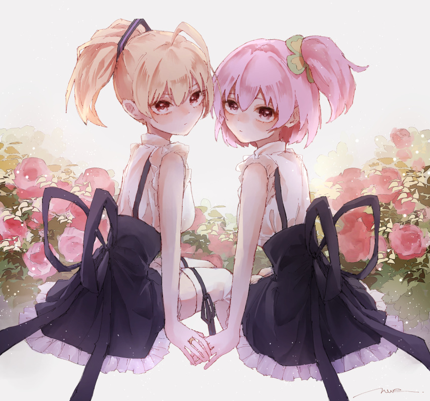 2girls absurdres ahoge amahara_nue andou_tazusa arm_at_side artist_name assault_lily bangs bare_arms black_ribbon black_skirt blonde_hair closed_mouth clover_hair_ornament collared_shirt commentary cropped_legs floral_background flower four-leaf_clover_hair_ornament frilled_shirt frilled_skirt frills from_behind grey_background hair_between_eyes hair_ornament hair_ribbon high-waist_skirt highres hitotsuyanagi_riri holding_hands invisible_chair jewelry leg_ribbon light_blush light_particles looking_at_viewer looking_back miniskirt multiple_girls one_side_up pink_eyes pink_flower pink_hair ponytail purple_ribbon red_eyes ribbon ring school_uniform shirt short_hair sitting skirt sleeveless sleeveless_shirt suspender_skirt suspenders thighhighs two-tone_ribbon white_legwear white_shirt yurigaoka_girls_academy_school_uniform