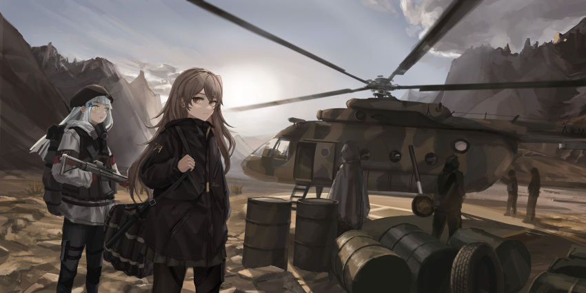 2girls 4others absurdres aircraft assault_rifle beret black_coat blue_sky brown_eyes brown_hair cloud coat commentary_request drum_(container) girls'_frontline green_eyes gun h&amp;k_hk416 hat helicopter highres hk416_(girls'_frontline) holding holding_gun holding_weapon long_hair looking_at_viewer multiple_girls multiple_others onebon outdoors rifle sky standing tire ump45_(girls'_frontline) weapon white_hair