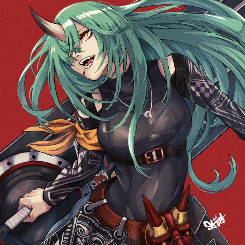 arched_back arknights armband belt belt_pouch black_footwear black_sleeves breasts brown_belt chest_harness clothing_cutout commentary fangs green_hair hair_over_one_eye harness highres holding holding_shield holding_weapon horns hoshiguma_(arknights) hoshiguma_(patrolling_ronin)_(arknights) huge_weapon leather_shirt leather_strap long_hair long_sleeves magatama magatama_necklace mask medium_breasts neclace official_alternate_costume oni_horns oni_mask open_mouth outstretched_arm peppsi_(saba_sabasuk0) pouch red_background scar scar_on_cheek scar_on_face shield shirt shoulder_cutout signature simple_background single_horn standing teeth tight tight_shirt tongue underbust upper_body weapon yellow_eyes