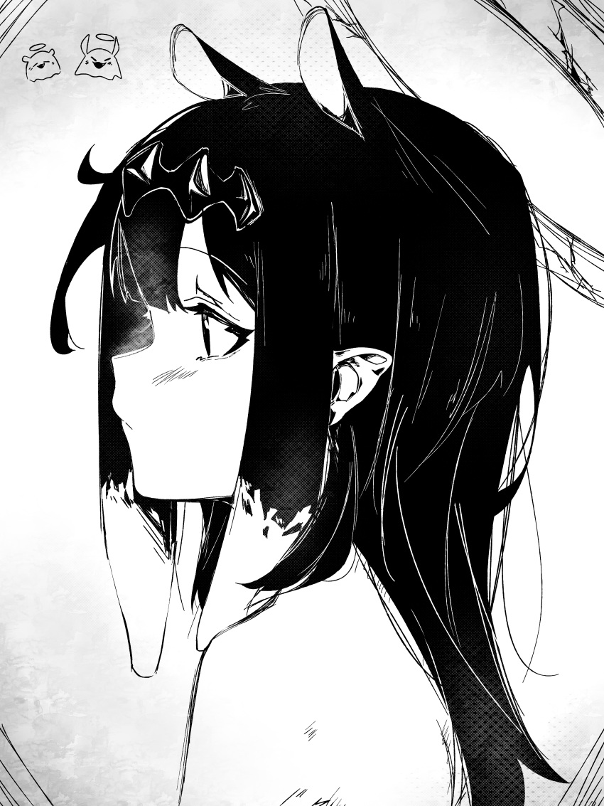 1girl absurdres bangs blush english_commentary expressionless eyebrows_visible_through_hair from_side greyscale hair_behind_ear halo highres hololive hololive_english legzy long_hair looking_ahead monochrome ninomae_ina'nis pointy_ears solo tako_(ninomae_ina'nis) tentacle_hair virtual_youtuber