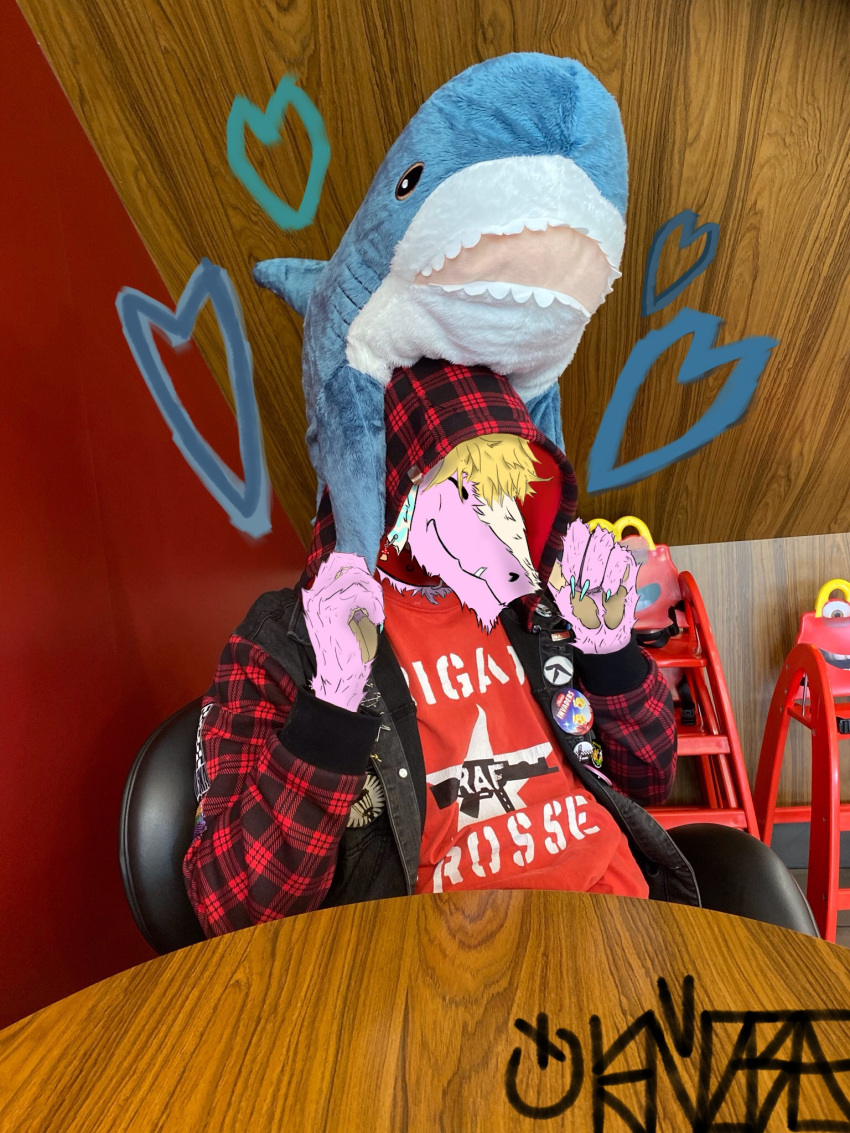 blahaj detailed_background digital_drawing_(artwork) digital_media_(artwork) edit fish hi_res humanoid ikea male male/male marine pawpads paws photo_background photo_manipulation plushie punk sammie_(kenopsia) sergal shark solo