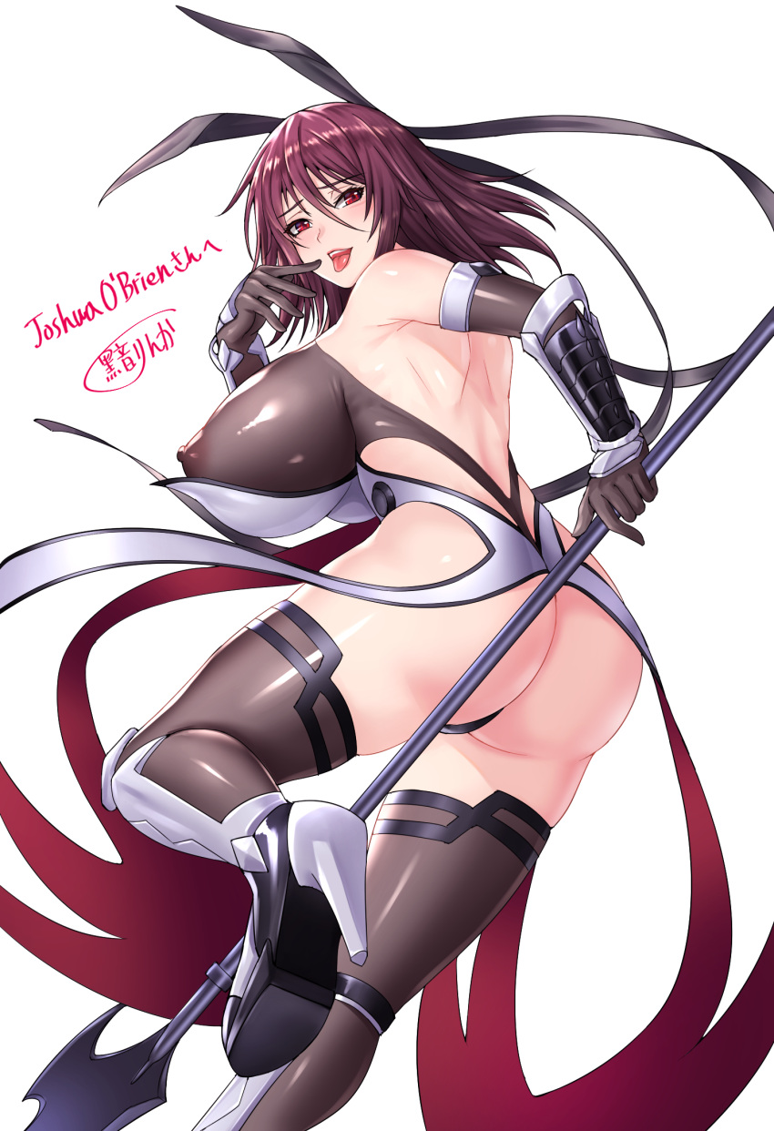 ass back bare_shoulders black_footwear black_gloves black_leotard blush boots breasts commentary_request commission covered_nipples elbow_gloves from_behind furrowed_brow gloves high_heel_boots high_heels highres holding holding_polearm holding_weapon huge_breasts leotard looking_at_viewer medium_hair mizuki_shiranui naughty_face nyatokanyaru polearm red_eyes red_hair ribbon see-through shoulder_blades simple_background skeb_commission standing standing_on_one_leg taimanin_(series) taimanin_yukikaze thick_thighs thighhighs thighs thong tongue tongue_out translation_request two-tone_footwear weapon white_background white_footwear