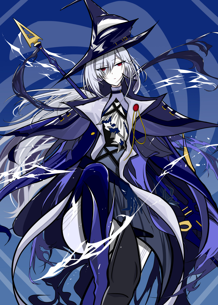 19c_(user_aevy3587) 1girl absurdres arknights arm_on_thigh ascot bangs blue_background blue_cape blue_headwear boots cape commentary eyes_visible_through_hair gladiia_(arknights) gloves grey_hair hat high_collar highres long_hair looking_at_viewer pale_skin pants polearm red_eyes sitting solo spear thigh_boots weapon white_ascot white_pants