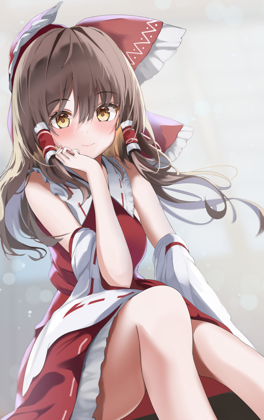 1girl 258n absurdres alternate_eye_color bangs bare_shoulders blush bow breasts brown_hair closed_mouth collared_dress detached_sleeves dress eyebrows_visible_through_hair eyes_visible_through_hair frills gradient gradient_background grey_background hair_between_eyes hair_ornament hair_tubes hakurei_reimu hand_on_own_face hand_up highres long_hair long_sleeves looking_at_viewer medium_breasts red_bow red_dress sitting smile solo touhou wide_sleeves yellow_eyes