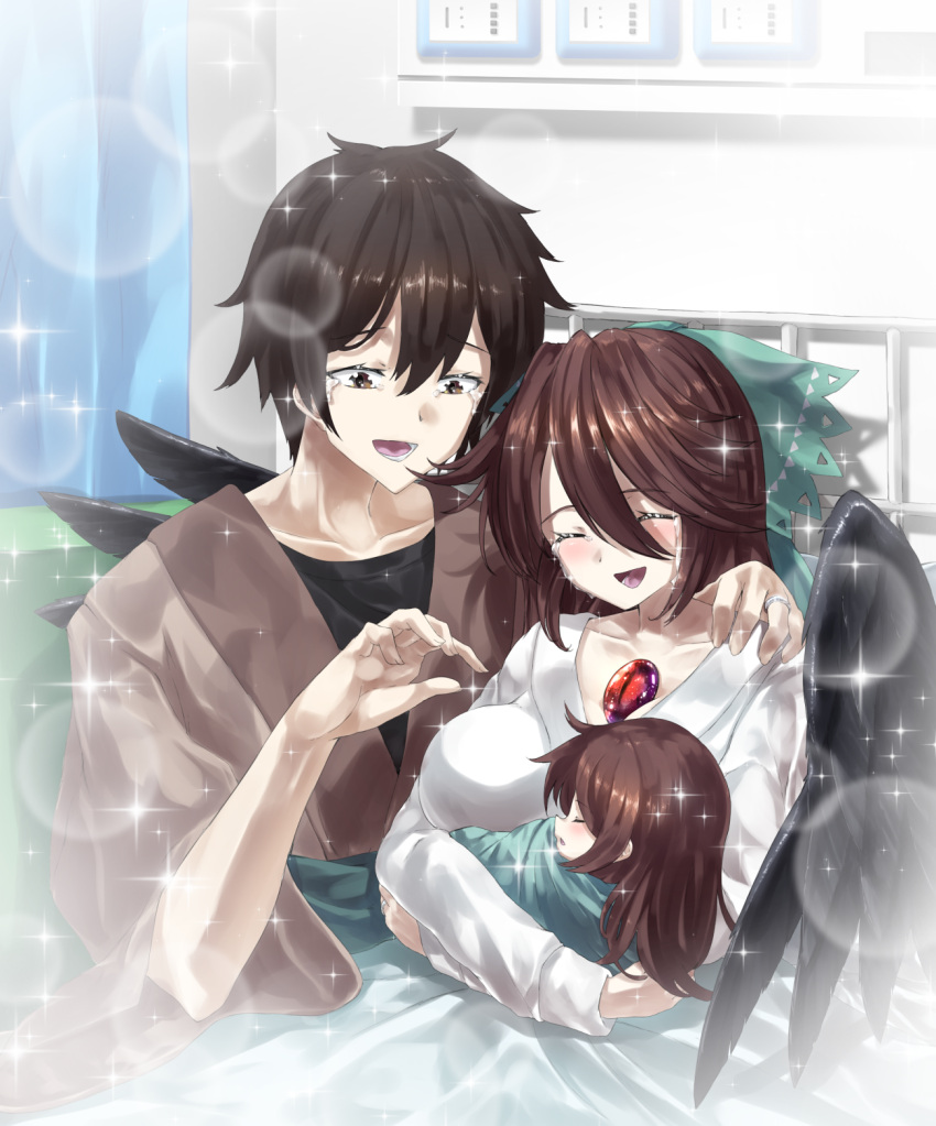 1boy 2girls baby black_hair bow brown_eyes child hair_bow highres husband_and_wife jewelry kokuu_haruto long_hair multiple_girls non-web_source reiuji_utsuho ring robe sleeping smile sunnysideup tears third_eye touhou wedding_ring wings