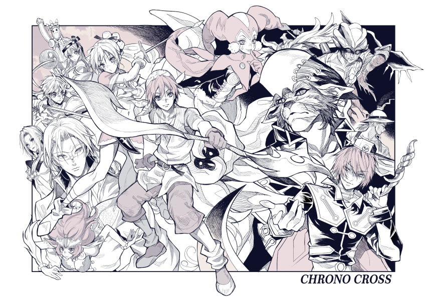 4girls 6+boys absurdres bandana chrono_cross dark_serge_(chrono_cross) domino_mask fate_(chrono_cross) finger_to_mouth furry furry_male glenn_(chrono_cross) guile_(chrono_cross) harle_(chrono_cross) harlequin hat highres holding holding_sword holding_weapon irenes_(chrono_cross) jester_cap kid_(chrono_cross) leena_(chrono_cross) lynx_(chrono_cross) mask mermaid miguel_(chrono_cross) mojo_(chrono_cross) monochrome monster_girl multiple_boys multiple_girls nikki_(chrono_cross) serge_(chrono_cross) shiosato_jun sword waraningyou weapon