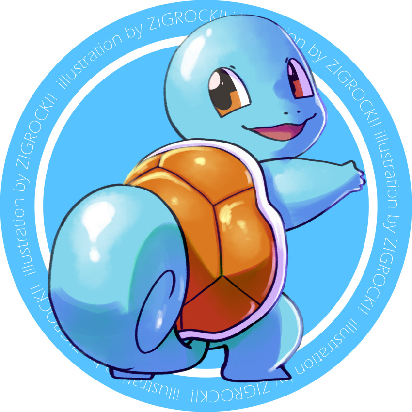 :d artist_name brown_eyes from_behind full_body highres looking_back no_humans pokemon pokemon_(creature) pokemon_(game) pokemon_rgby smile squirtle zigrock