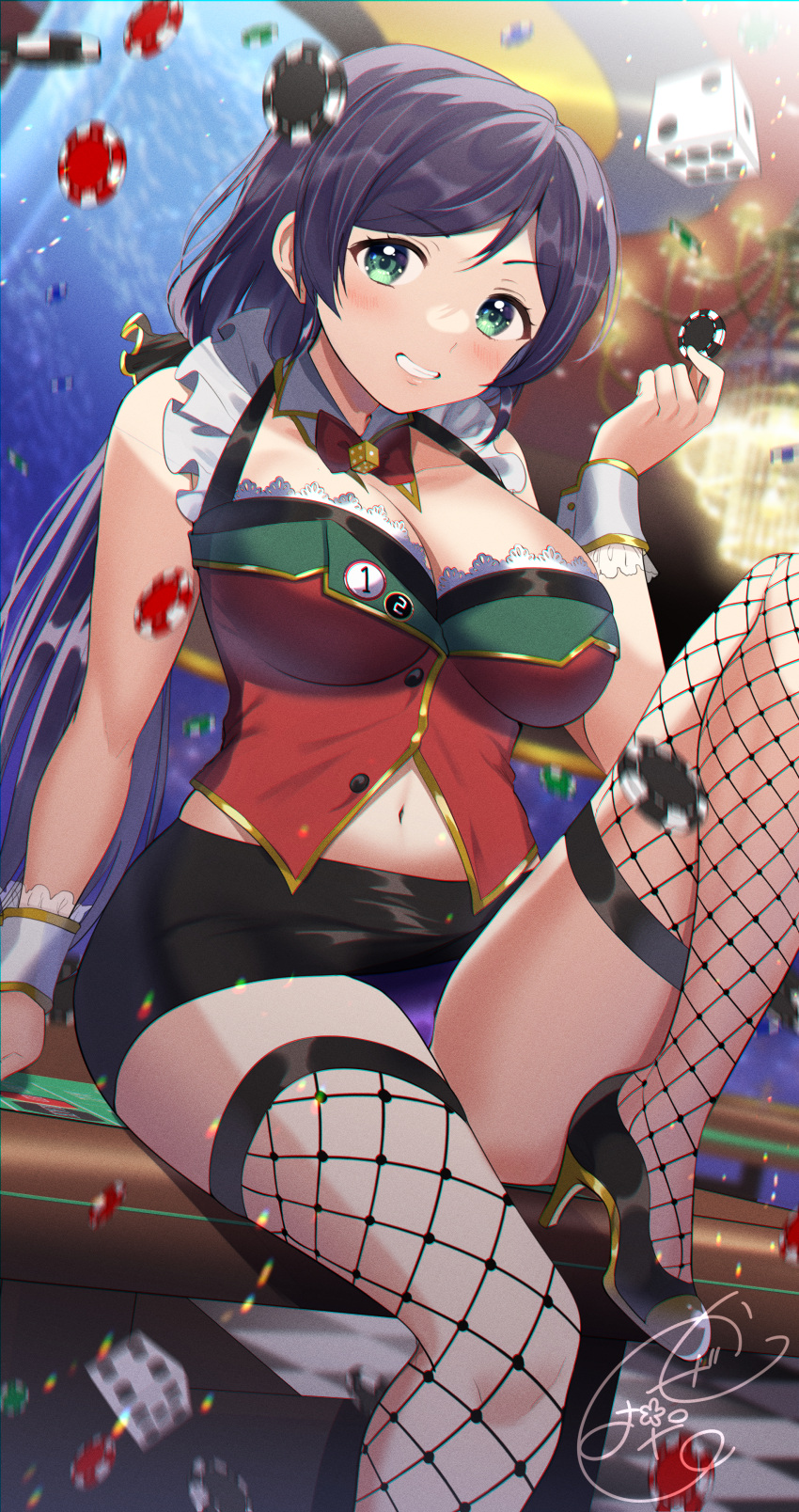 1girl absurdres bangs bare_arms bare_shoulders black_legwear black_skirt blush bow bowtie breasts casino casino_card_table cleavage detached_collar dice eyebrows_visible_through_hair fishnet_legwear fishnets frilled_straps green_eyes grin high_heels highres kazepana large_breasts long_hair looking_at_viewer love_live! love_live!_school_idol_festival love_live!_school_idol_project low_twintails microskirt navel on_table panties parted_bangs pencil_skirt poker_chip purple_hair purple_panties red_bow red_bowtie shirt sitting skirt sleeveless sleeveless_shirt smile solo swept_bangs table thighhighs toujou_nozomi traditional_bowtie twintails underwear upskirt wing_collar wrist_cuffs