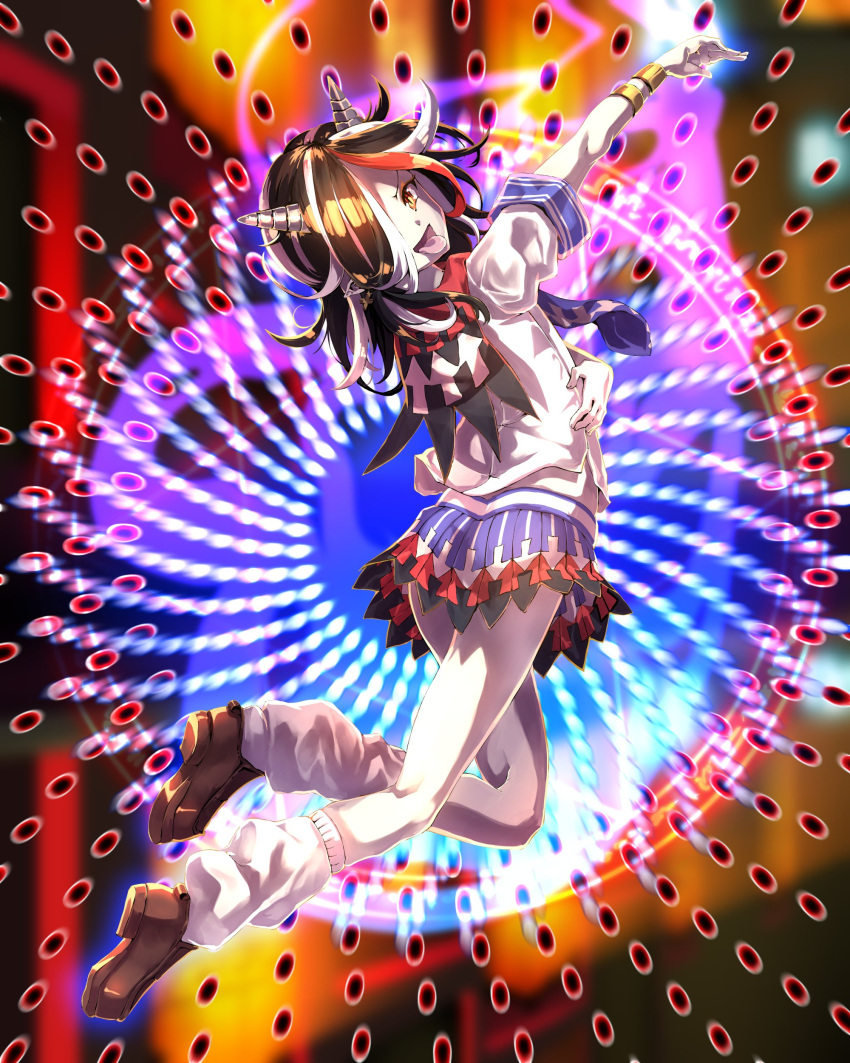 1girl absurdres arrow_(symbol) arrow_print bangs black_hair bracelet brown_footwear dress full_body hair_over_one_eye highres horns jewelry kijin_seija looking_at_viewer open_mouth red_eyes red_hair short_hair short_sleeves solo spell_card sunnysideup tongue tongue_out touhou white_dress white_hair white_legwear zettai_ryouiki