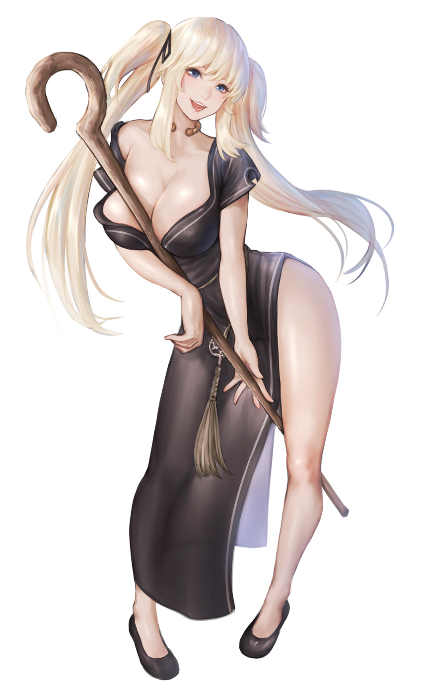 1girl absurdres bangs bare_legs between_breasts black_dress black_footwear blonde_hair blue_eyes breasts china_dress chinese_clothes cleavage collarbone commentary dress full_body hair_ribbon happy head_tilt high_heels highres holding holding_staff jewelry large_breasts leaning_forward long_dress long_hair looking_at_viewer low_neckline mabinogi nao_(mabinogi) necklace nyatokanyaru off_shoulder open_mouth ribbon shadow shepherd's_crook short_sleeves side_slit sidelocks simple_background single_bare_shoulder smile staff standing thighs twintails very_long_hair white_background