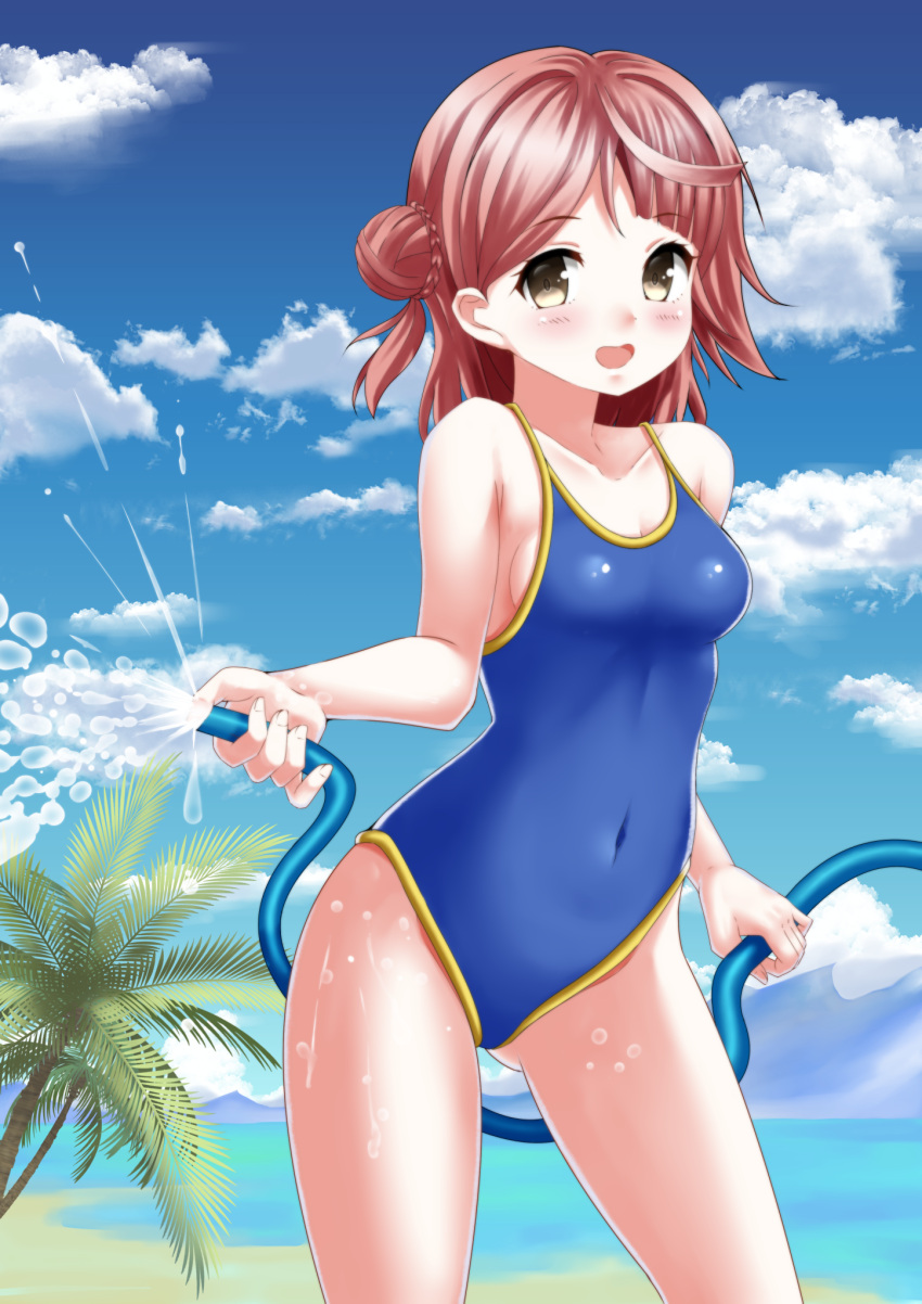 1girl :d bangs bare_arms bare_shoulders blue_sky blush braid breasts brown_eyes brown_hair cloud collarbone commentary_request covered_navel day eyebrows_visible_through_hair hair_bun highres holding hose kaze_makase lake looking_at_viewer love_live! love_live!_nijigasaki_high_school_idol_club medium_breasts mountain one-piece_swimsuit one_side_up outdoors palm_tree parted_bangs school_swimsuit side_bun sky smile solo standing swimsuit tree uehara_ayumu water