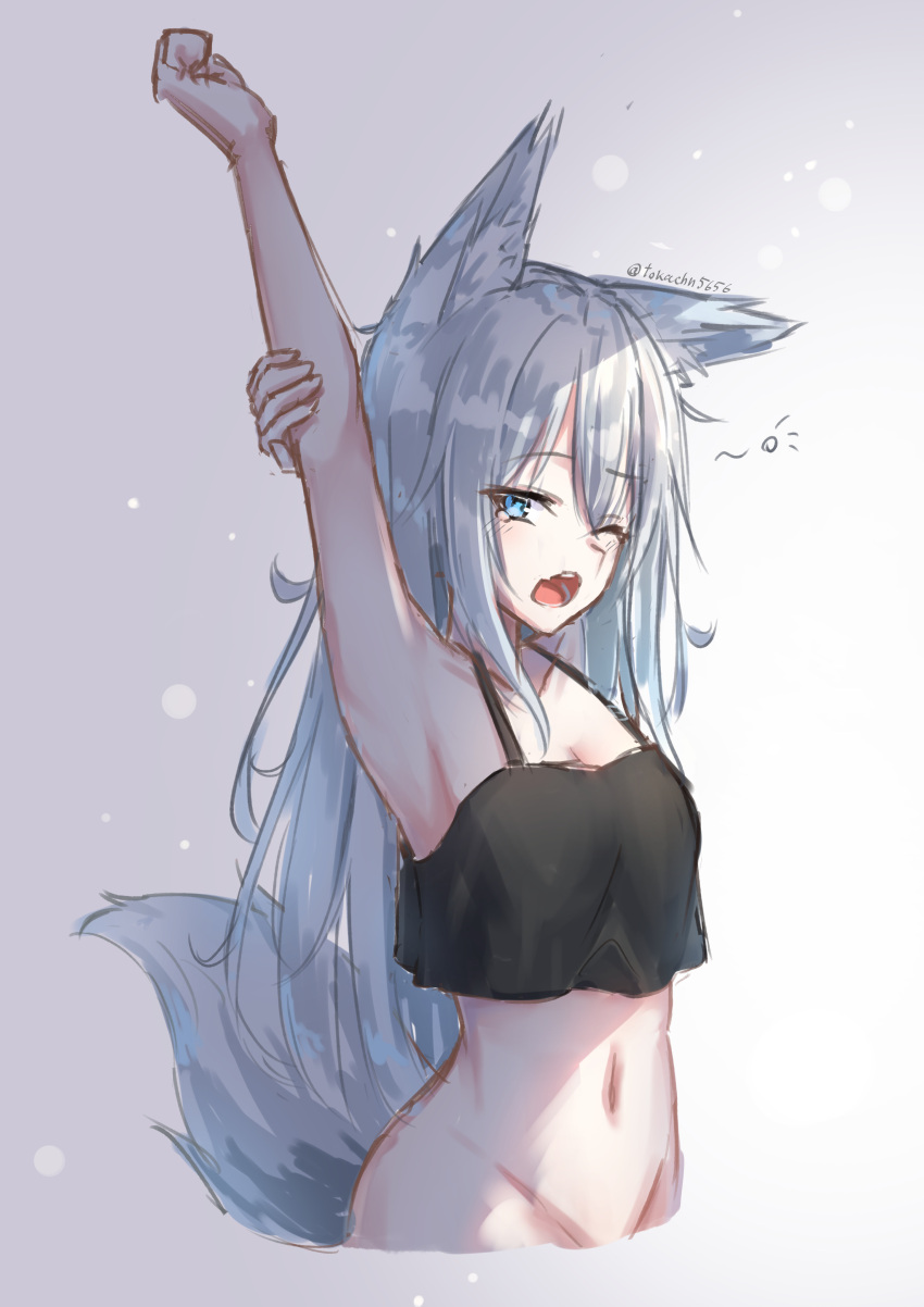 1girl ;o absurdres animal_ears black_camisole bottomless breasts camisole crop_top fang fox_ears fox_tail grey_hair highres long_hair medium_breasts navel one_eye_closed original sketch skin_fang stretch stretched_limb tail tears tokano_56 twitter_username yawning