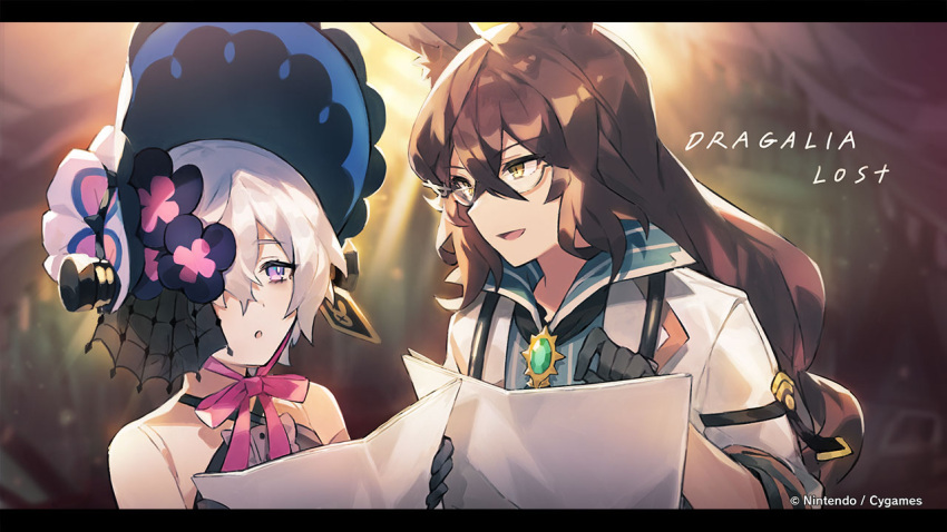 1boy 1girl animal_ears black_gloves brown_hair dragalia_lost gem gloves grey_hair hair_over_one_eye holding holding_paper laxi_(dragalia_lost) light_purple_eyes long_hair looking_at_another multicolored_clothes necktie official_art open_mouth paper rabbit_ears smile sylas_(dragalia_lost) veil white_headwear yellow_eyes
